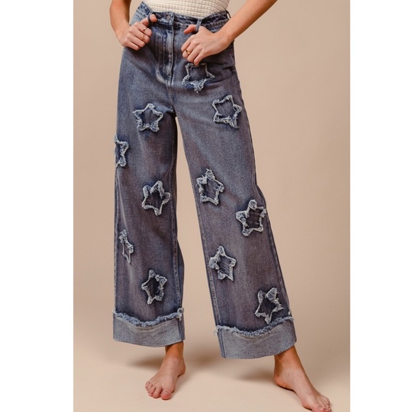 "The Shay" Denim Star Patch Jeans high rise oversized wide straight leg - Picture 1 of 9